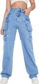 Women's High Waist Cargo Jeans Flap Pocket Straight Leg Denim Pants