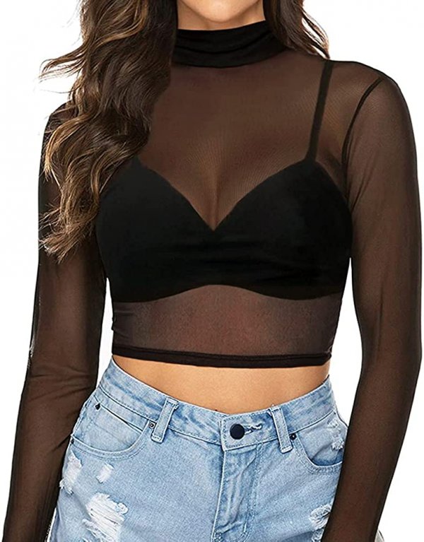 Women's Short Sleeve Long Sleeve Sheer Mesh Crop Tops Tee Shirt Blouse
