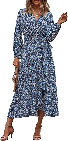 Women's Long Sleeve Vintage Wrap Dress Floral Print V-Neck Maxi Dresses with Belt