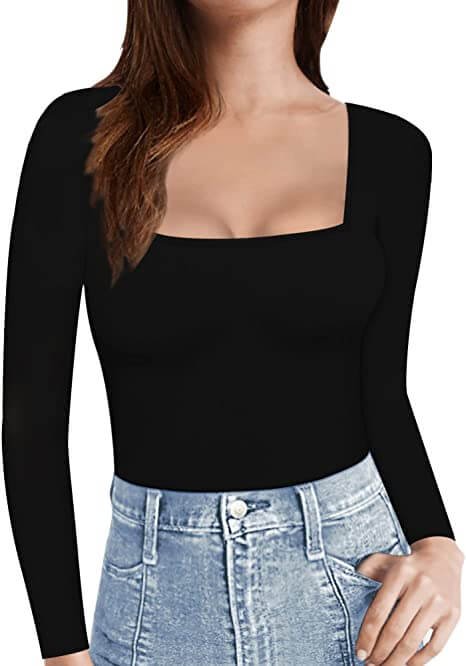 Womens Short Sleeve/Long Sleeve Square Neck T Shirts Tops Tees