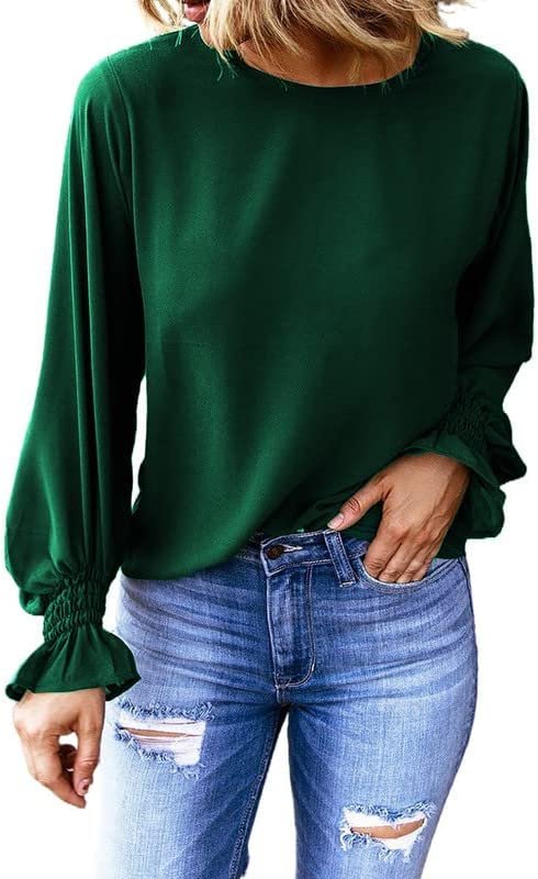 Womens 2023 Summer Long Sleeve Ruffle Bubble Sleeve Casual Loose Shirts Tops and Blouses