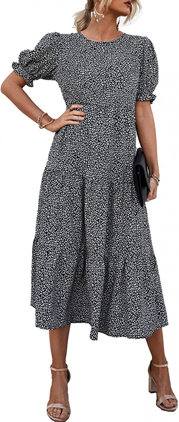 Women's Summer Casual Boho Dress Floral Print Ruffle Puff Sleeve High Waist Midi Beach Dresses