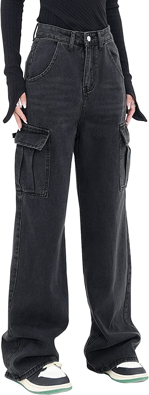 Women's High Waisted Cargo Jeans Straight Wide Leg Stretch Baggy Jeans Y2K Casual Loose Denim Cargo