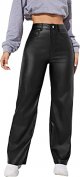Women's High Waist Pockets Straight Leg Jeans Leather Look Pants