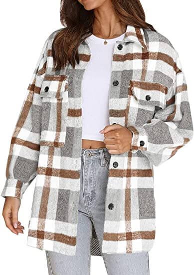 Women's Flannel Plaid Jacket Long Sleeve Button Down Chest Pocketed Shirts Coats Shacket