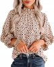 Women's Leopard Printed Ruffle Hem Long Sleeve Mock Neck Blouses Top