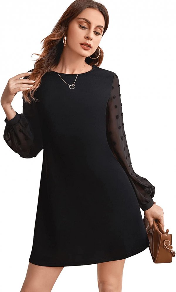 Women's Elegant Mesh Contrast Long Sleeve A Line Mini Short Dress