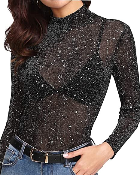 Women's Long Sleeve Short Sleeve Glitter Sheer Mesh Tops T Shirt Blouse Clubwear