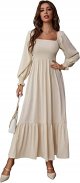 Women's Square Neck Flounce Shirred Ruffle Hem Elegant Long Sleeve Maxi Dress