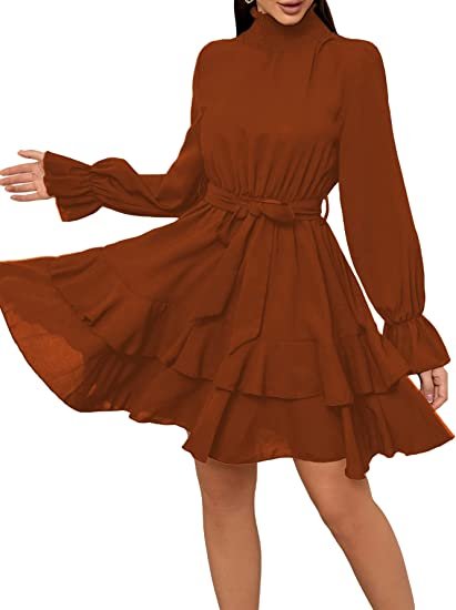 Women's Elegant High Neck Flounce Sleeve High Waist Ruffle Belted Party Mini Dress