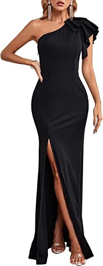 Women One Shoulder Long Formal Prom Dress Sleeveless Ruffle Bodycon Cocktail Evening Wedding Slit Mermaid Maxi Dress