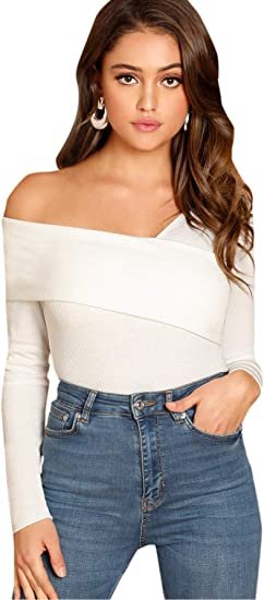 Women's Casual Cross Off Shoulder Deep V Neck Ribbed Knit Slim Wrap Tee Shirt Blouse