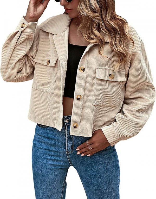 Women's Fashion Cropped Shacket Button Down Corduroy Shacket Jackets
