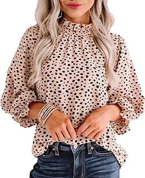 Women's Leopard Printed Ruffle Hem Long Sleeve Mock Neck Blouses Top