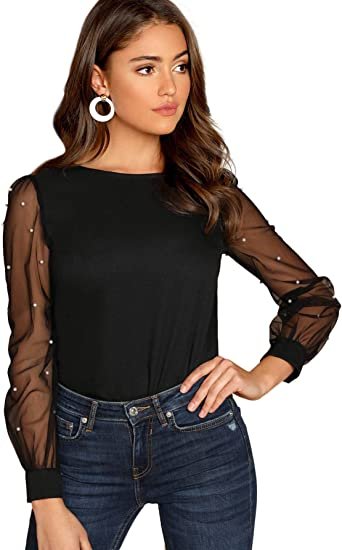 Women's Pearl Sheer Mesh Long Sleeve Tops Blouse
