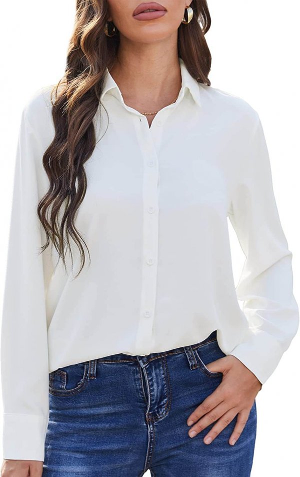 Women's Button Down Shirts Causal Collared Blouses Work Office Long Sleeve Chiffon Blouse for Ladies