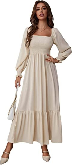 Women's Square Neck Flounce Shirred Ruffle Hem Elegant Long Sleeve Maxi Dress