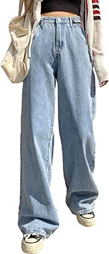 Women's Baggy Boyfriend Jeans High Waist Distressed Denim Pants Wide Leg Straight Trousers