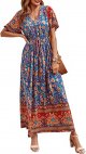Women's Casual Floral Print V Neck Short Sleeve Summer Boho Beach Dress High Waist Long Maxi Dresses