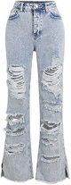 Stretchy Straight Leg Mid Waist Distressed Frayed Split Hem Jeans for Women