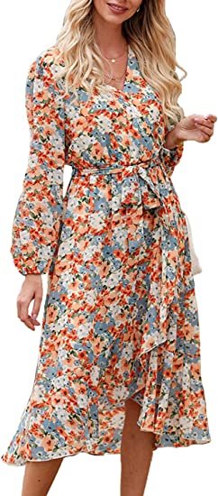 Women's Floral Print Boho Dress Long Sleeve Wrap V Neck Ruffle Belted A-Line Flowy Maxi Dresses