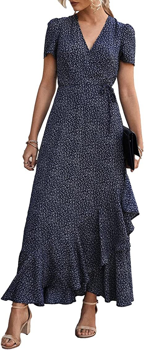 Women's Summer Wrap Maxi Dress Casual Boho Floral V Neck Short Sleeve Ruffle Hem Split Beach Long Dresses