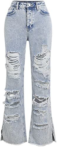 Stretchy Straight Leg Mid Waist Distressed Frayed Split Hem Jeans for Women