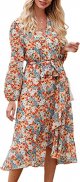 Women's Floral Print Boho Dress Long Sleeve Wrap V Neck Ruffle Belted A-Line Flowy Maxi Dresses