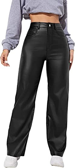 Women's High Waist Pockets Straight Leg Jeans Leather Look Pants