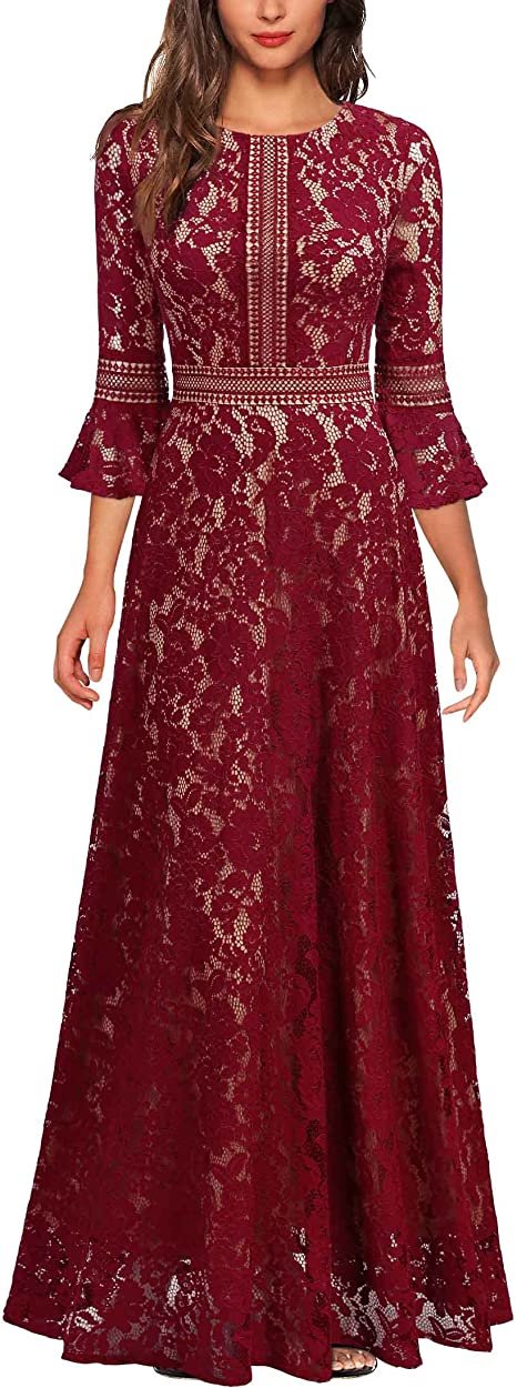 Women's Vintage Full Lace Contrast Bell Sleeve Formal Long Dress
