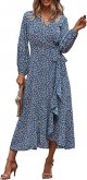 Women's Long Sleeve Vintage Wrap Dress Floral Print V-Neck Maxi Dresses with Belt