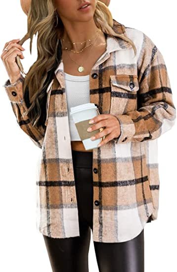 Womens Casual Plaid Shacket Wool Blend Button Down Long Sleeve Shirt Fall Jacket Shackets
